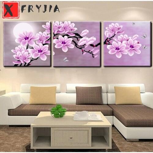 3pcs DIY Diamond Painting Pink Orchid Triptych flowers Mosaic Cross Stitch Full Square Drill Diamond embroidery kit Home Decor