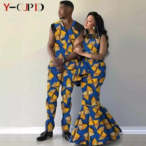 African Clothes for Couples Bazin Riche Women Lace Print Mermaid Long Dresses Matching Men Outfits Top and Pants Sets YA21C001