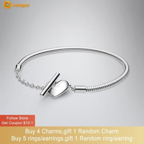 Volayer 925 Sterling Silver Brand Moments Heart T-Bar Snake Chain Bracelet Friendship Bangles for Women Jewelry Making Gift