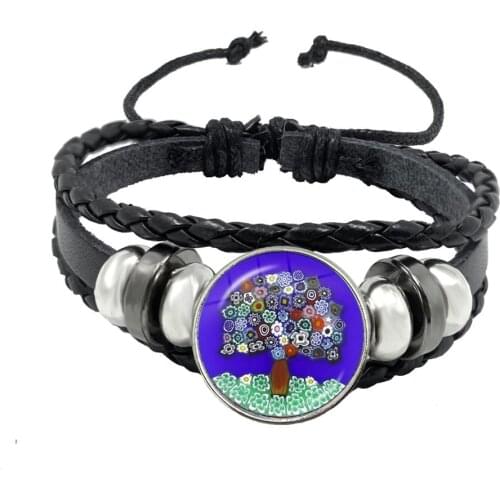 Tree Of Life Cuff Button Bracelet Murano Millefiori Glass Cabochon Adjustable Black Leather Bangle Jewelry For Women Men Gift