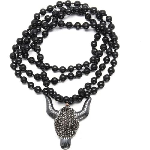 Natural Semi Precious Stone Necklace Classic Style Bead Agates Chain 6mm 90cm Ox Head Pendant 40 * 47mm For Woman