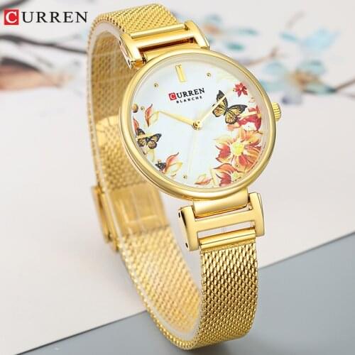Top Brand CURREN Women Watch Luxury Gold Stainless Steel Mesh Band Quartz Wristwatch Fashion Unique Dial Waterproof Female Clock