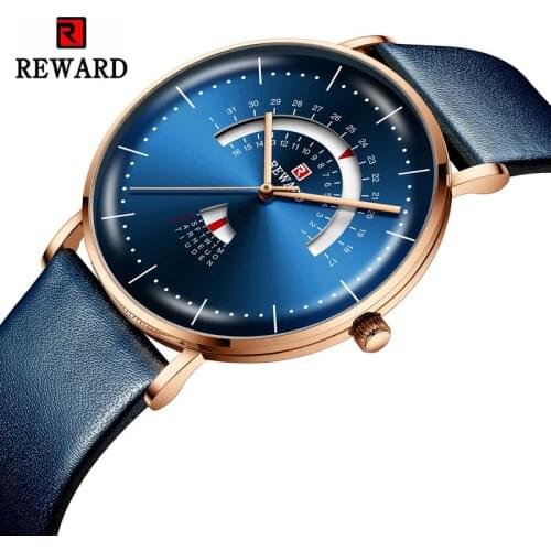 Reloj Hombre 2019 Watch Men Fashion Blue Leather Band Waterproof Watch Creative Date Clock Mens Watches Top Brand Luxury REWARD