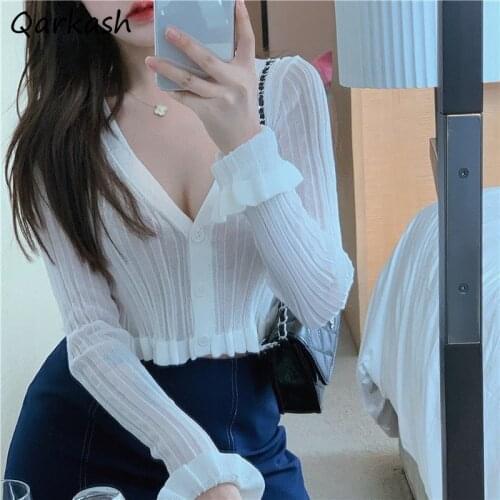Cardigan Women Trendy Ulzzang Solid Casual V-Neck Crop Sweater All-match Knitted Lovely Girls Sexy Summer Clothes Slim Simple BF