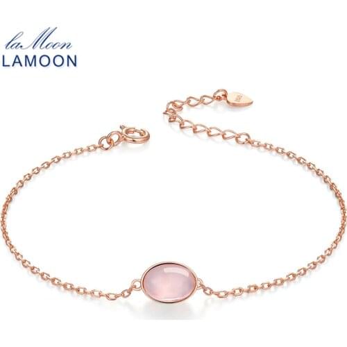 LAMOON Simple 8x6mm 100% Natural Oval Pink Rose Quartz 925 Sterling Silver Jewelry S925 Charm Bracelet LMHI023