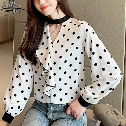 Fashion Hollow Ruffles Print Chiffon Blouses Women Autumn 2021 Women Long Sleeve Shirts Polka Dot Womens Tops and Blouses 10700