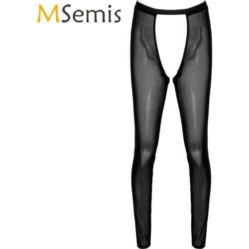 Mens Hollow Out See-through Mesh Leggings Elastic Waistband Crotchless Sheer Skinny Pants Nightwear