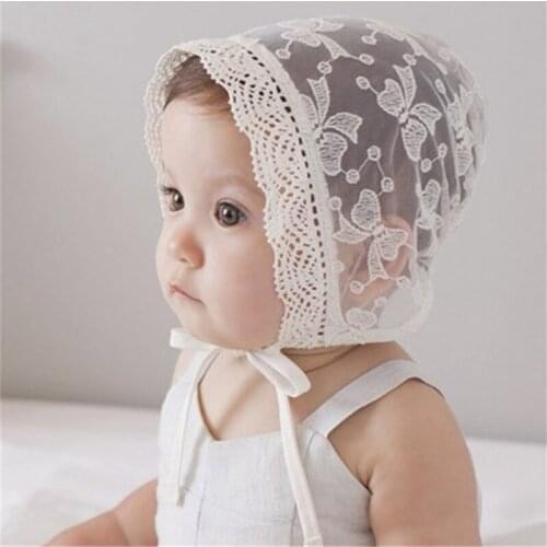 0-18M Baby Girls Lace Caps Hats Korean Style Newborn Baby Photography Props Flower Bonnet Hat Kid Princess White Cotton Caps