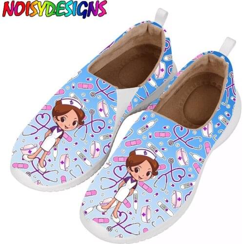 NOISYDESIGNS Blue Gradient Casual Nusing Shoes for Women Lightweight Slip On Breathable Walking Sneaker Cartoon Nuse Design