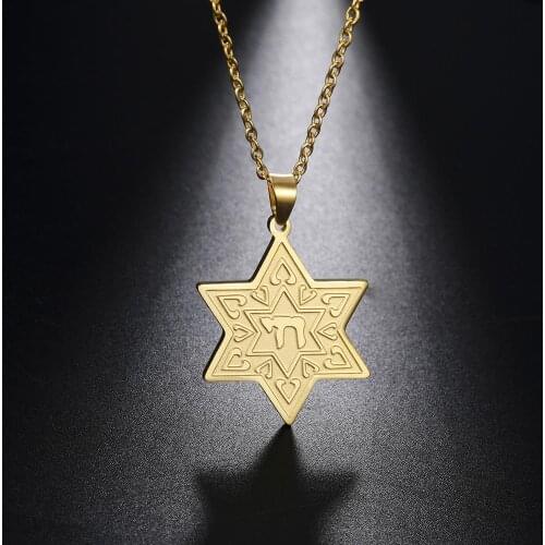 Skyrim Star of David Chai Pendant Necklace Stainless Steel Gold Color Amulet Jewish Hexagram Necklaces Jewelry Gift for Women