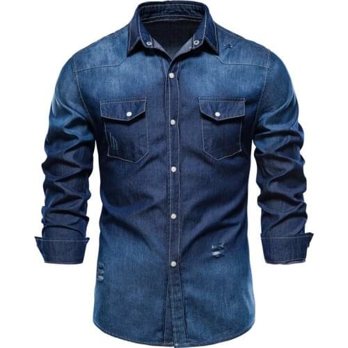 New mens slim-fit denim shirt, casual fashion trend, European code broken hole gradient mens shirt