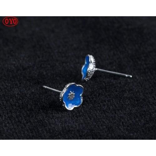 S925 silver personalized epoxy blue flower earrings