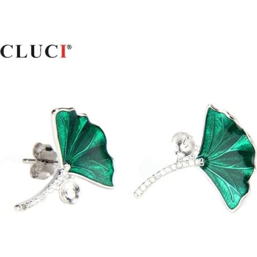 CLUCI 925 Sterling Silver Green Leaf Earrings Fine Jewelry Pearl Earring Mounting Silver 925 Green Stud Earrings SE040SB