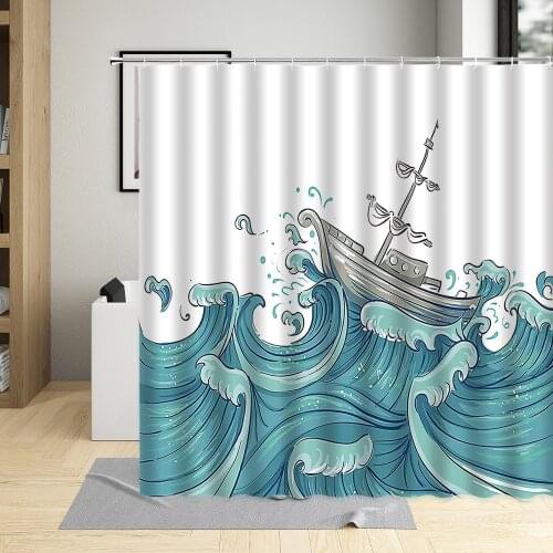 Cartoons Ferry Shower Curtain Sea Wave Sailboat Waterproof Bathroom Decor Polyester Fabric Hanging Curtains With 12 Hooks