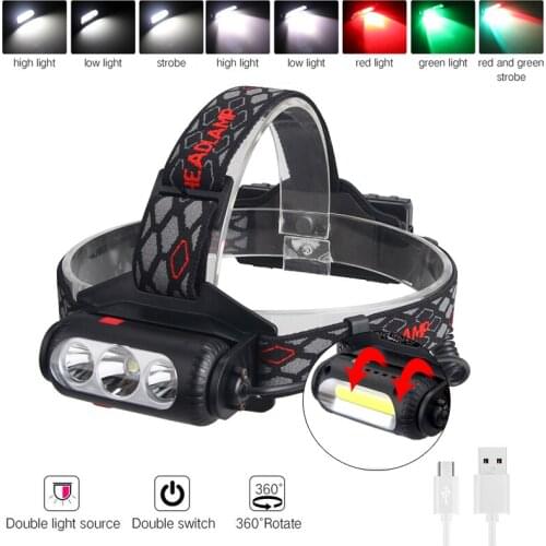 3 LED Headlamp White Green Red COB Double-Sided Micro-USB Rechargeable Head Flash Light 8-Modes Waterproof Flash Lamp Lantern