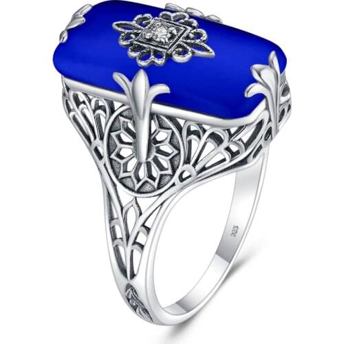 Szjinao Silver Rings For Women Brand Signet Ring Big Sapphire Gemstones Rectangle With Flower Handmade Elegant Fanshion Jewelry