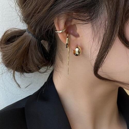 U-Magical Statement Circle Long Tassel Chain Clip Earrings for Women C Shape Hoop Earrings Irregular Geometric Earrings Jewelry