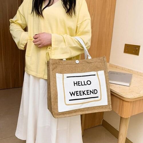 Hello Weekend Letter Linen Luxury Tote Large Capacity Handbag Female Shoulder Bag Casual Daily Handbags Fresh Beach Shopping Bag