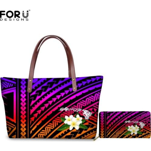 FORUDESIGNS Lady Gradient Polynesian Tribe Plumeria Pattern Girls Zipper Casual Handle Tops Shoulder Bag&Wallets Messenger Bags