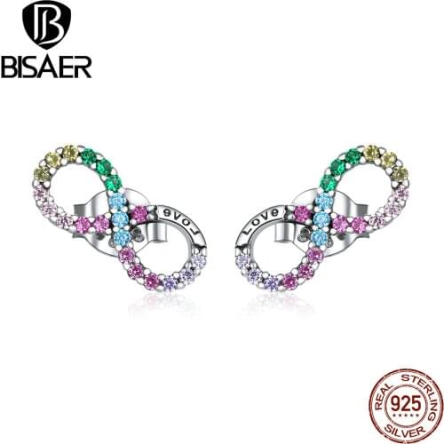 BISAER Infinity Love Colorful Stud Earrings 925 Sterling Silver Rainbow Zircon Small Earrings For Women Wedding Jewelry ECE893