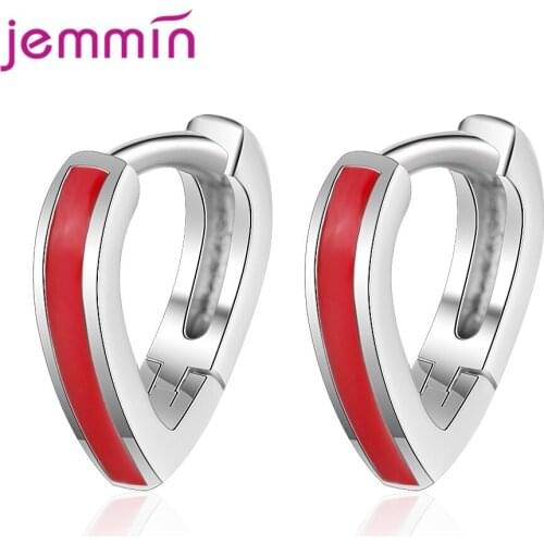 Women Earrings Fine Pure 925 Sterling Silver Red Enameled Love Heart Shaped Hoop Pendientes Nice Gift for Girlfriend Beloved