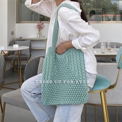 Female Bags Solid Color Knitting Top-Handle Wrist Totes Bag Korean College Style Stylish Casual Soft Daily Open Shoulder Handbag