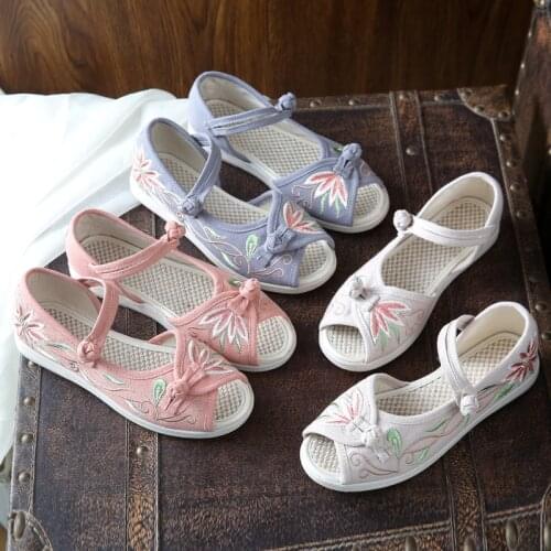 Womens Cloth Shoes Retro Ethnic Style Embroidered Sandals Wedge Heel Breathable Non-slip Ancient Style Cloth Shoes