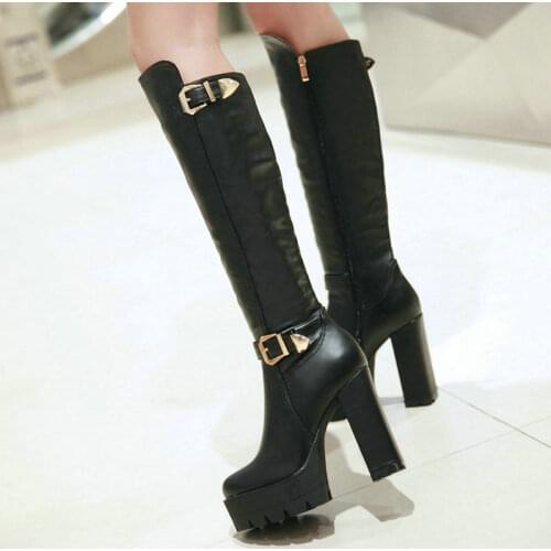 Women Fashion Knee High Boots Platform Square High Heel Women Boots Ladies Round Toe Buckle Winter Long Boots Black Brown White