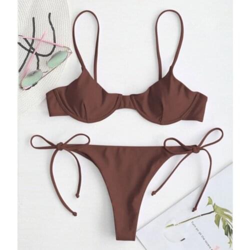 Women Bikini Set Solid Bandeau Push-Up Brazilian Swimwear Beachwear Sexy Padded Bra Thong Swimsuit Bathing Suit Biquini 2021