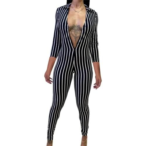 Women Striped Bodycon Jumpsuit Low-cut Long Sleeve Jumpsuits Clubwear Sexy Deep V Neck Tight Romper Female Rompers Streetwear