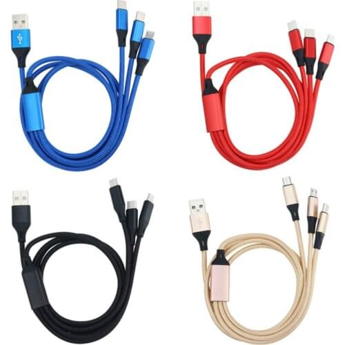 1.2m Data Line 3 in 1 Nylon Braided Multiple USB Charger Cord Cable For iPhone Android Type-C Mobile Phone Charging Wire 100pcs