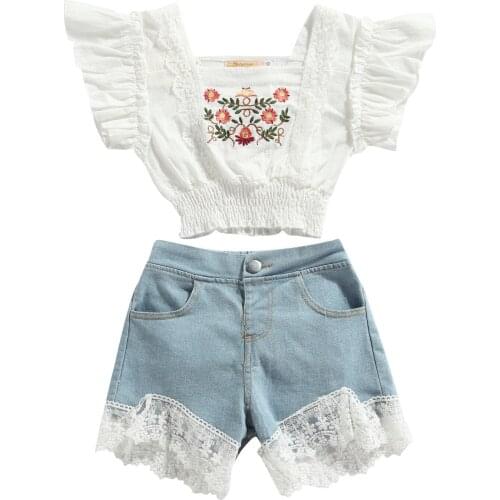 2021 Kids Girls Clothes Set, Floral Embroidery Flying Sleeve Square Collar Tops + Lace-joint Short Jeans 3-8T