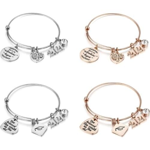 2021 Graduation Gifts Stainless Steel College High School Inspirational Pendant Charm Bracelet Metal Adjustable Bangle Jewelry