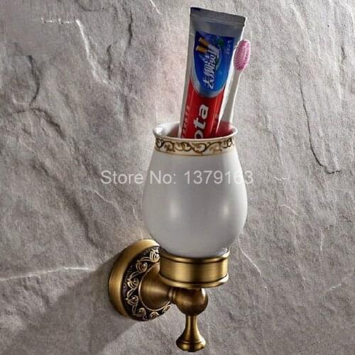Antique Brass Carved Flower Pattern Toothbrush Holder with Single Ceramics Cup Wall Mounted Bathroom Accessories aba497