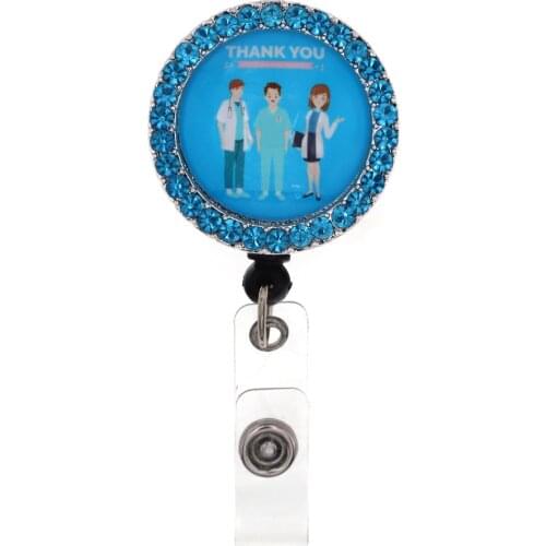 Free shipping badge reel thank you for nurse doctor epoxy round shape Rhinestone Crystal ID Retractable Badge holder