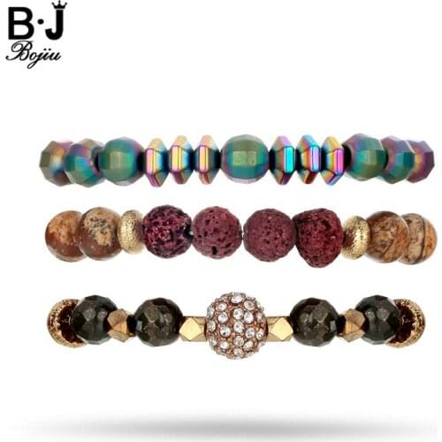 BOJIU 3 Pcs/Set Charm Bracelet Set Crystal Lava Stone Hematite Beads Bracelet For Women Fashion Round Bracelet Best Gift BCSET85