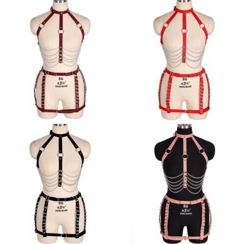 PU Leather Harajuku Bondage Dance Rave Wear Sexy Plus Size Harness Fashion Bra Caged Bralette Garter Belt Body Belt Lingerie Set