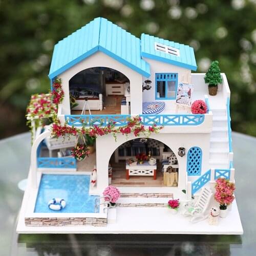 DIY Wooden House Miniature Doll House Kits Mini Dollhouse with Furniture Toys for Children Gift- Blue and White Town
