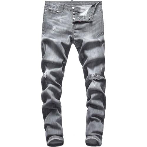 2021 European Italy dsq Stretch jeans Men slim jeans pants mens denim trousers button grey hole Pencil Pants jeans for men 7904