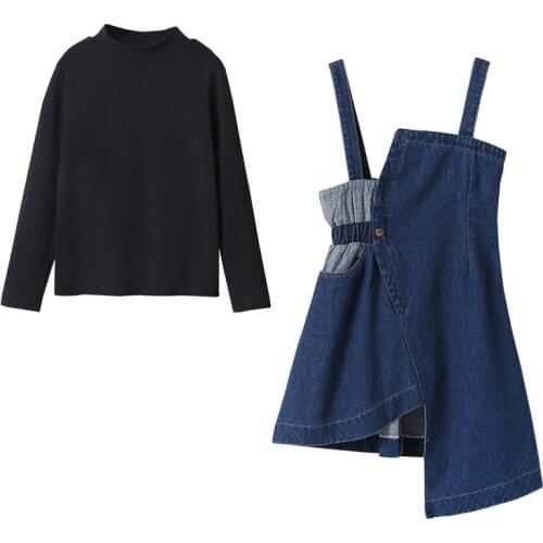 Girls Suit Skirt Childrens Casual Clothing Trend Kids Two-piece Suit Teen Long-sleeved Pullover + Suspender Denim Skirt 2021