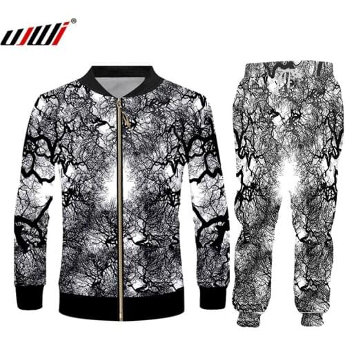 UJWI Mens Tracksuit Spring Autumn Fashion Black White Tree Tracksuit Casual Two Piece Set Sports Suit Clothing Large Size