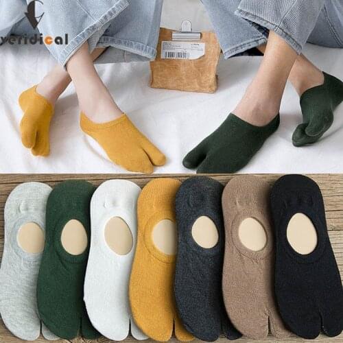 Summer Woman Girl Two Finger Invisible Socks Cotton Solid Breathable Elastic Non-Slip Thin No Show Socks With Toes EU 35-39