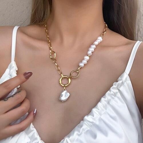 Lifefontier Punk Irregular Freshwater Pearl Pendant Long Chains Necklace for Women Jewelry 2021 Gold Color Chain Pearl Necklaces