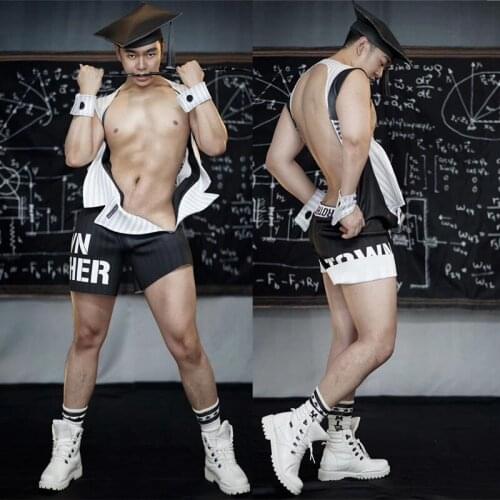 Male 3D Muscle Printing Elastic Teachers' Day Bodysuit hats Skinny Club Bar Stage Costumes nightclub prom party singer dancd