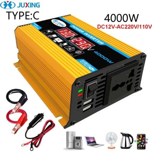 JUXING 4000W Power Inverter Converter With Double Digital Display Transformer DC 12V to AC 110V/220V 2 USB Use for Car, Outdoor