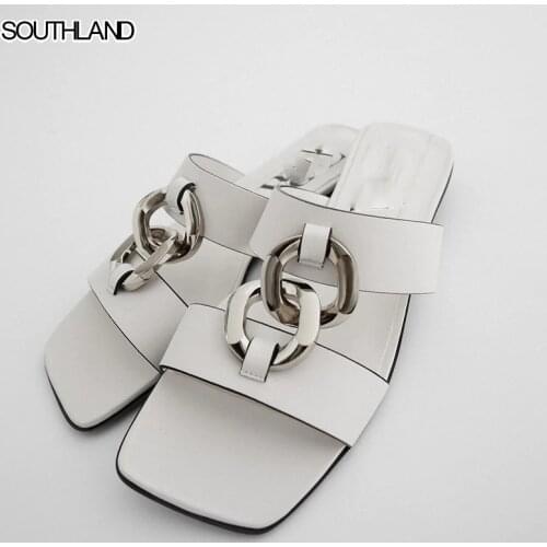 SOUTHLAND ZA new Metal chain ornament White flat sandals Women shoes with square toe and open toe Sandals and slippers women