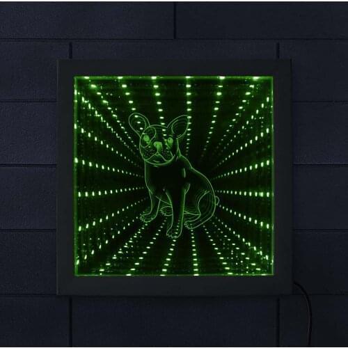 French Bulldog Lighted Photo Frame Color Changing Infinity Mirror Wall Art Frenchie Dog Picture Wood Frame Infinite Led Tunnel