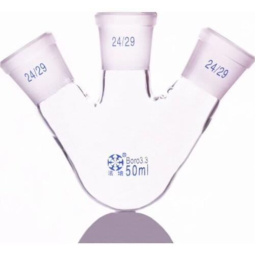 Three-necked flask oblique shape,with three necks standard grinding mouth,Capacity 50ml,Middle joint 24/29,lateral joint 24/29
