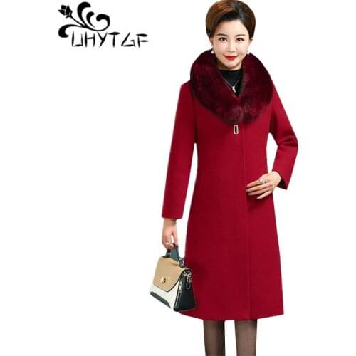 UHYTGF Winter jacket women fashion fur collar quality wool coat female loose thick warm 5XL plus size coats plaszcze damskie 667