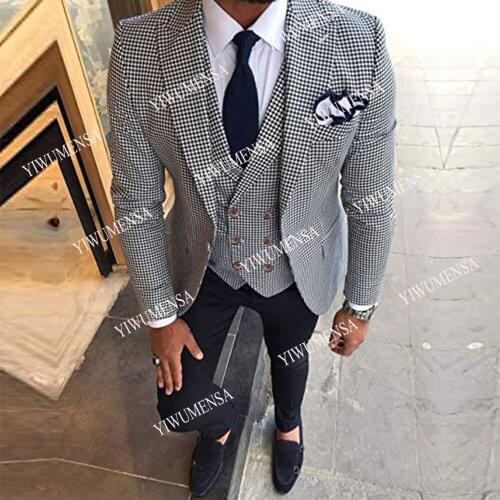 Vintage Grey Checked Plaid Mens Business Suits Slim Fit Bridegroom Smoking Blazers Custom Made 3 Peices Jacket+Vest+Pants 2021